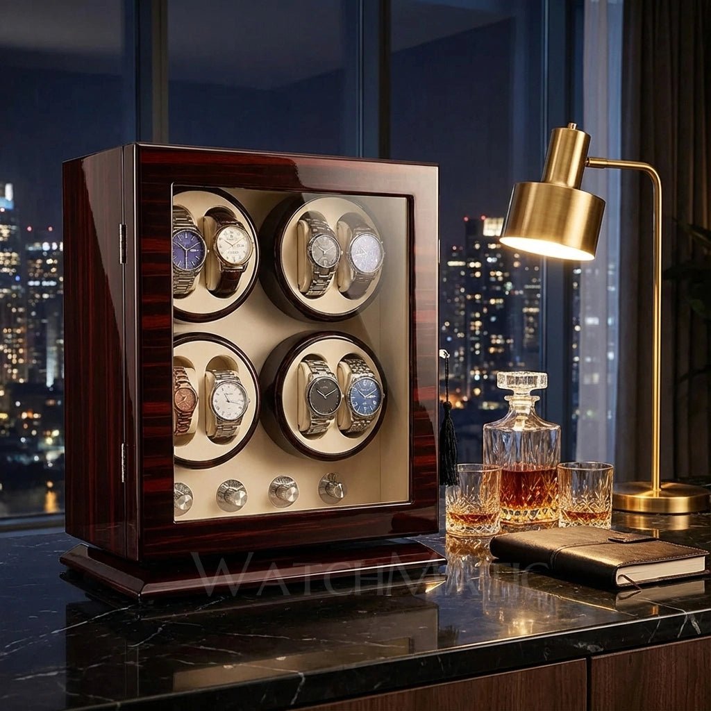 WatchMatic Magnor Watch Winder Ebony White Leather - WatchMatic